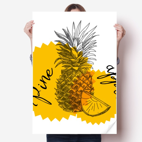 黄色可口水果菠萝手绘海报贴纸80x55cm墙贴纸卧室家居装饰