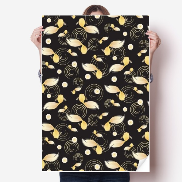 金鱼涟漪花朵重复日本海报贴纸80x55cm墙贴纸卧室家居装饰