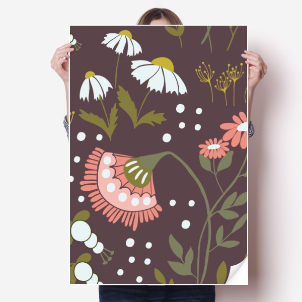 棕花植物手绘花卉画海报贴纸80x55cm墙贴纸卧室家居装饰图片