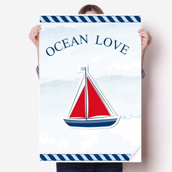 帆船红帆海军领航航海插画海报贴纸80x55cm墙贴纸卧室家居装饰