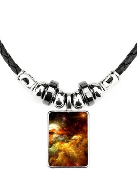 橙色梦幻星空星云图案手工皮绳项链吊坠饰品