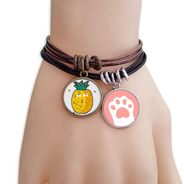 水果菠萝搞笑表情手绘黑棕手链对饰品猫咪礼物礼品