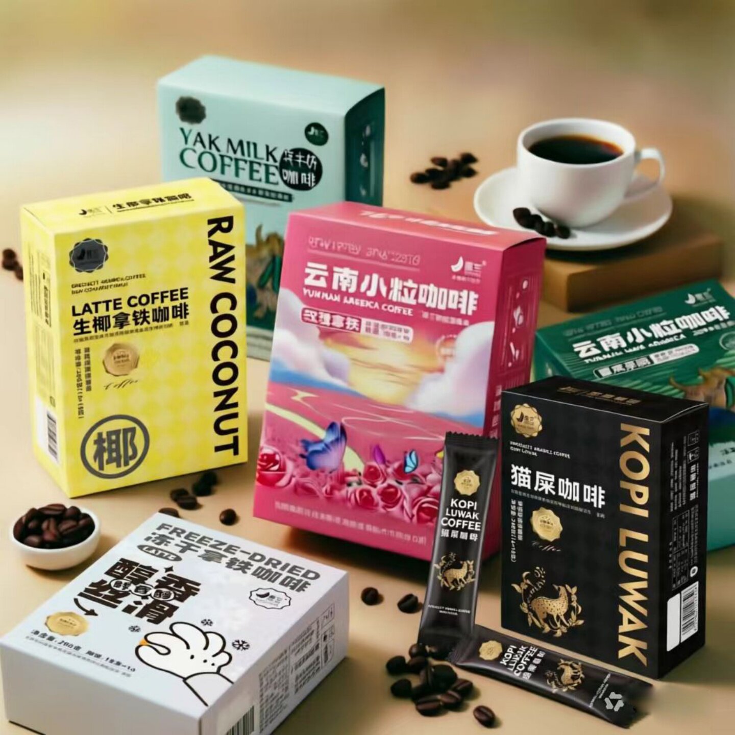 景兰3合1速溶牦牛奶小粒咖啡云南生椰拿铁冻干玫瑰普洱茶固体饮料