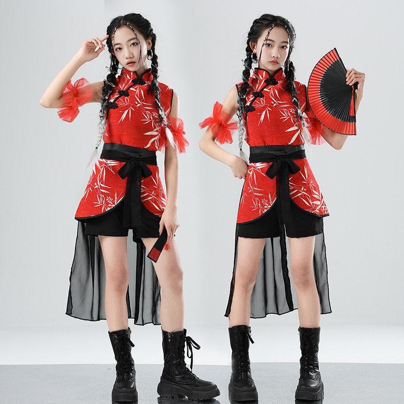 女童国潮红色民族舞街舞演出服