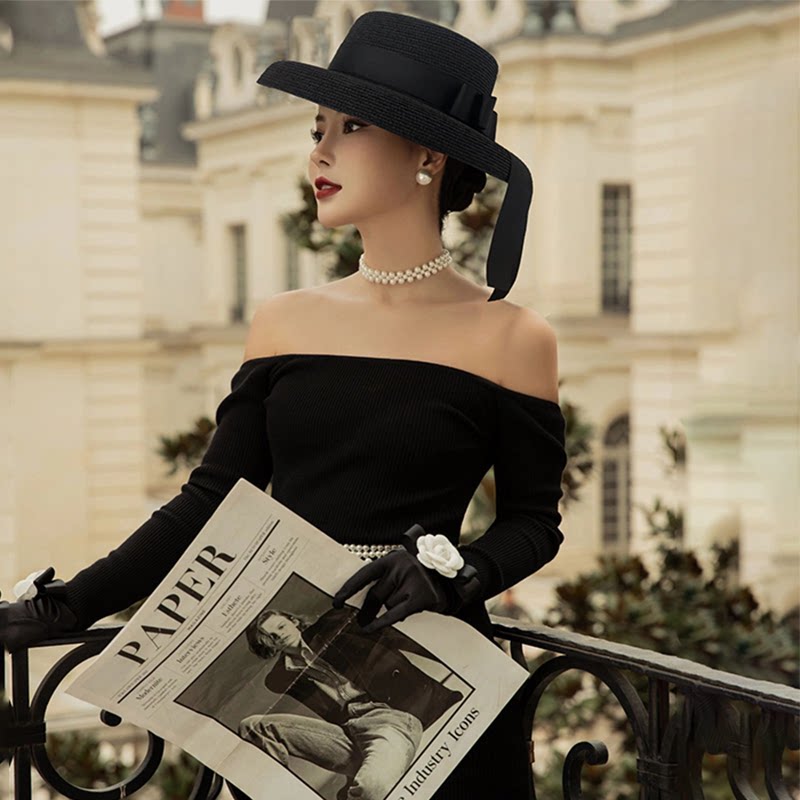 可调节夏季女士草编平顶法式礼帽宽檐遮阳帽优雅防晒帽英伦钟形帽