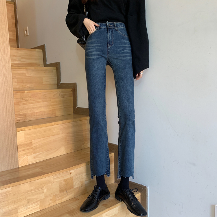 Real price Korean high waisted slim jeans with elastic irregular hem