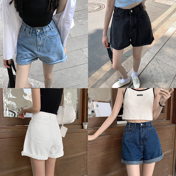 Real shot real price curled high waist straight jeans shorts women's spring and summer classic simple versatile hot pants