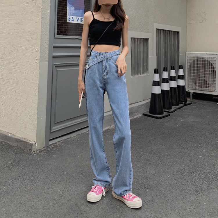實拍實價修身直筒寬鬆設計感牛仔褲女