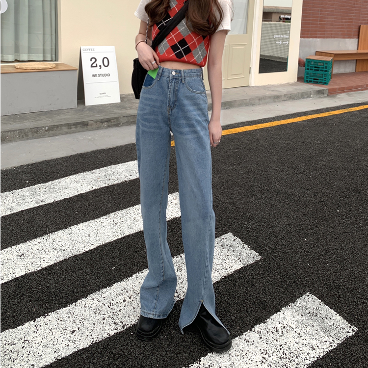 Real shot real price net red high waist split show thin floor Wide Leg Jeans student pants trend