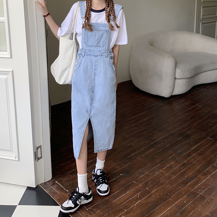 Real price loose retro slim slit denim strap mid long skirt suspender dress