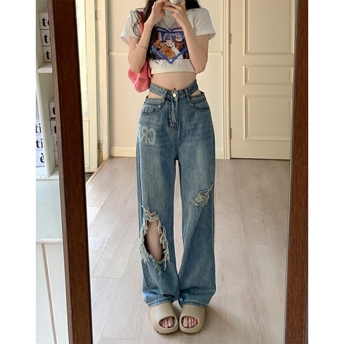 Real price high waist hollow out printed wide leg straight jeans