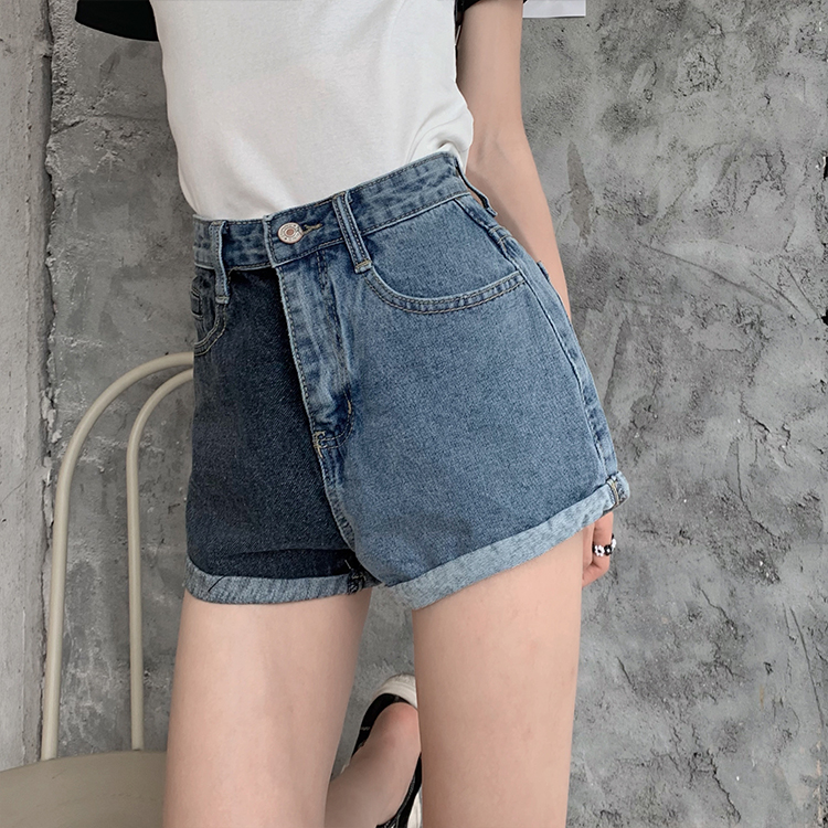 Real price loose thin curled edge color matching denim shorts wide leg pants