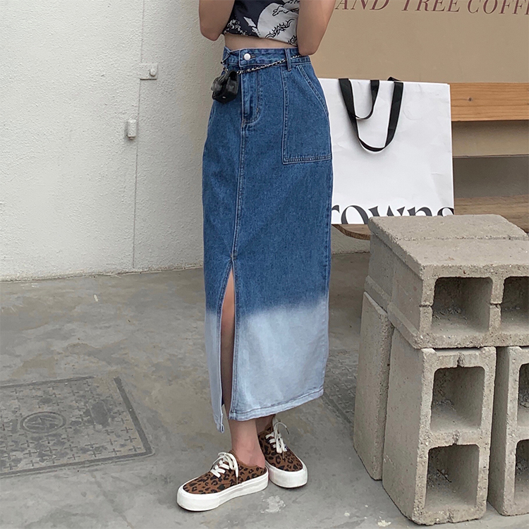 Real price gradient denim high waist slit skirt
