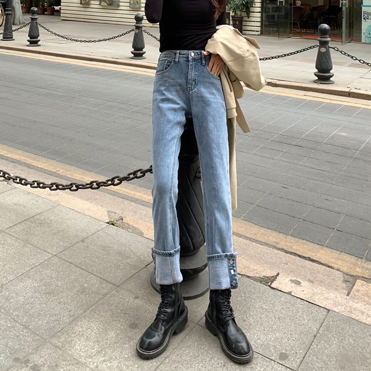 Real shot real price Korean version curly edge versatile loose and thin student straight pants jeans trendy girl