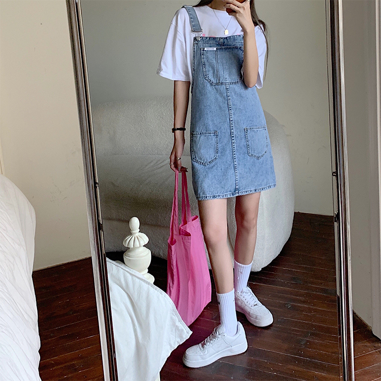 Real shot real price summer Korean version loose student age reduction versatile simple denim strap short skirt women's skirt