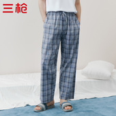 纯棉格子梭织布男高腰系绳松紧体闲青年家居长裤 三枪睡裤 春夏新品