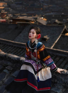彝族服装女高端手工棉麻刺绣上衣长裙四川凉山彝族少数民族服装新