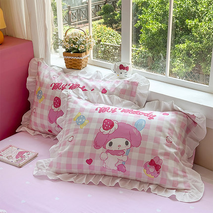 三丽鸥卡通美乐蒂纯棉枕套花边格子少女心甜美风hellokitty枕头套
