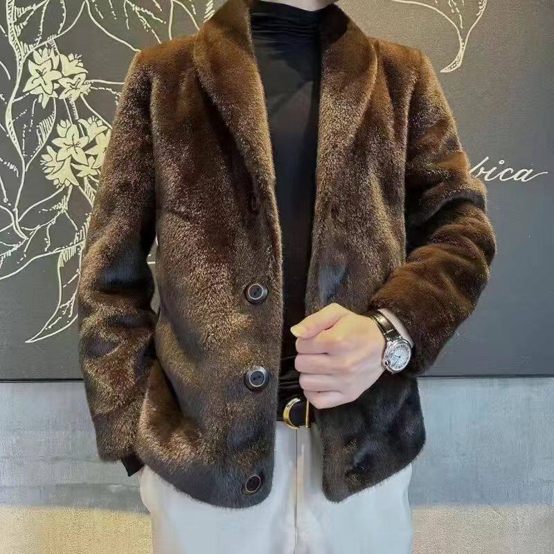 时尚休闲秋冬青果领男装夹克貂外套男皮毛一体仿水貂皮草加厚保暖