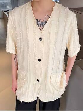 CS5077男士V领单排扣短袖毛毛衬衫时尚潮流穿搭造型设计上衣