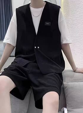痞帅西服马甲三件套装冷淡风高级感男装一套搭配韩版帅气成熟夏装