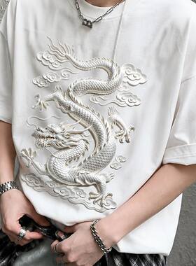3D龙纹夏季中国新款T恤圆领图案衣服半袖纯棉宽松休闲上衣短袖