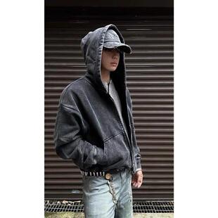 水洗做旧秋款卫衣男款连帽重磅cleanfit外套潮牌欧美街头拉链开衫