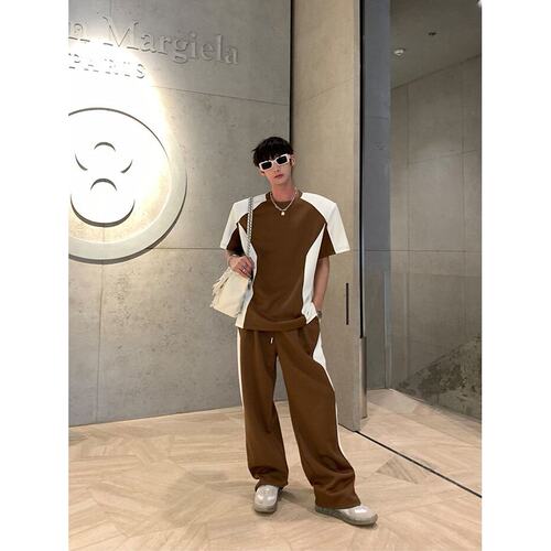 HOZI 撞色拼接垫肩短袖小众套装男夏季设计感休闲运动百搭两件套