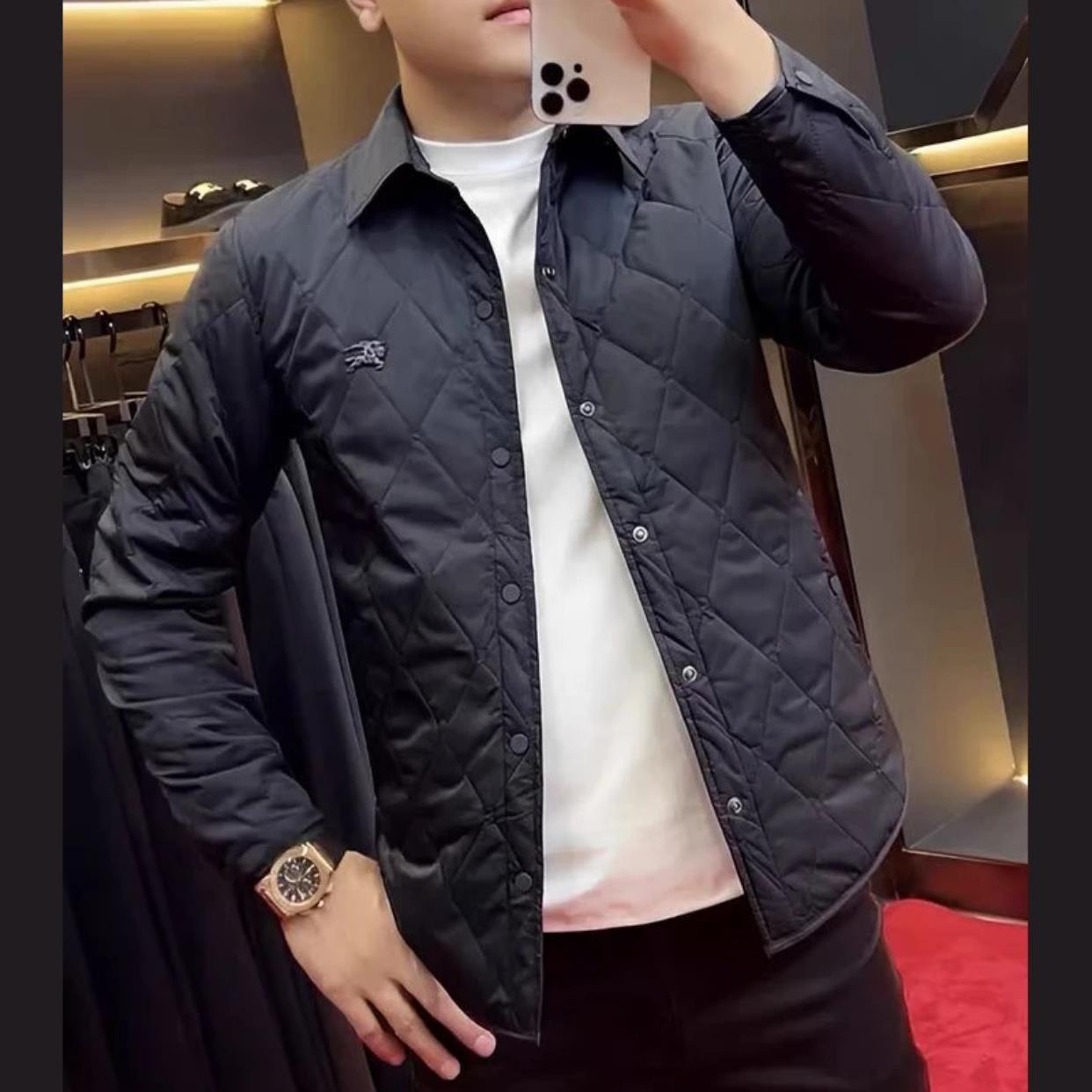 秋冬新款翻领男士轻薄潮流时尚菱形棉服外套休闲商务百搭修身夹克