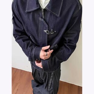 美式复古高街水洗牛仔外套男女秋季设计感飞机扣短装宽松翻领夹克