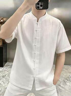 复古男装唐装新中式立领短袖衬衫国风中式男士夏季休闲盘扣衬衣