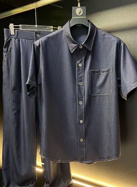 爆款蓝色牛仔套装男夏季超软垂感短袖长裤时尚百搭休闲运动两件套