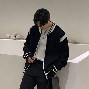 秋冬黑色针织衫外套男宽松美式毛衣棒球服设计感韩国东大门男装潮