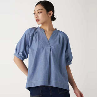 短袖 EDDIE 立领牛仔 日单 小宽松纯色简约百搭上衣女 BAUE