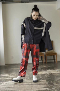 OSMOSI*日单春秋 个性时髦复古绘画印花 高腰直筒长裤女裤子