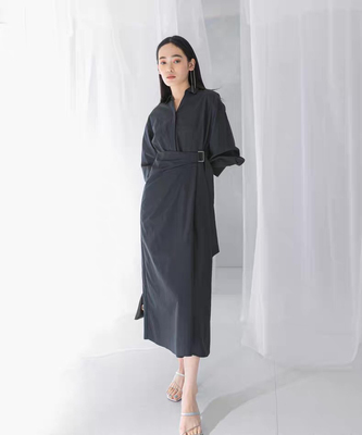 Ross*日单新款 优雅通勤 腰部打褶遮胯显瘦中长款连衣裙女