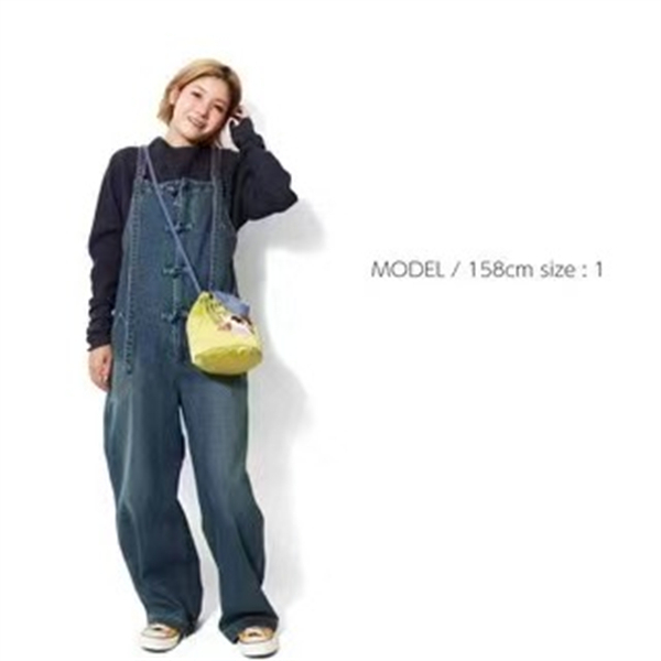 HOUSTON日单贵牌 盘扣牛仔背带裤 纯棉减龄中国扣宽松显瘦直筒裤