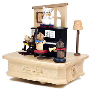 jeancard音乐盒猫咪钢琴旋转木质八音盒创意男孩女友生日圣诞礼物