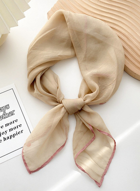 夏秋季卡其色白色粉色薄款小方巾纯色领巾丝巾装饰衬衫配裙子发带