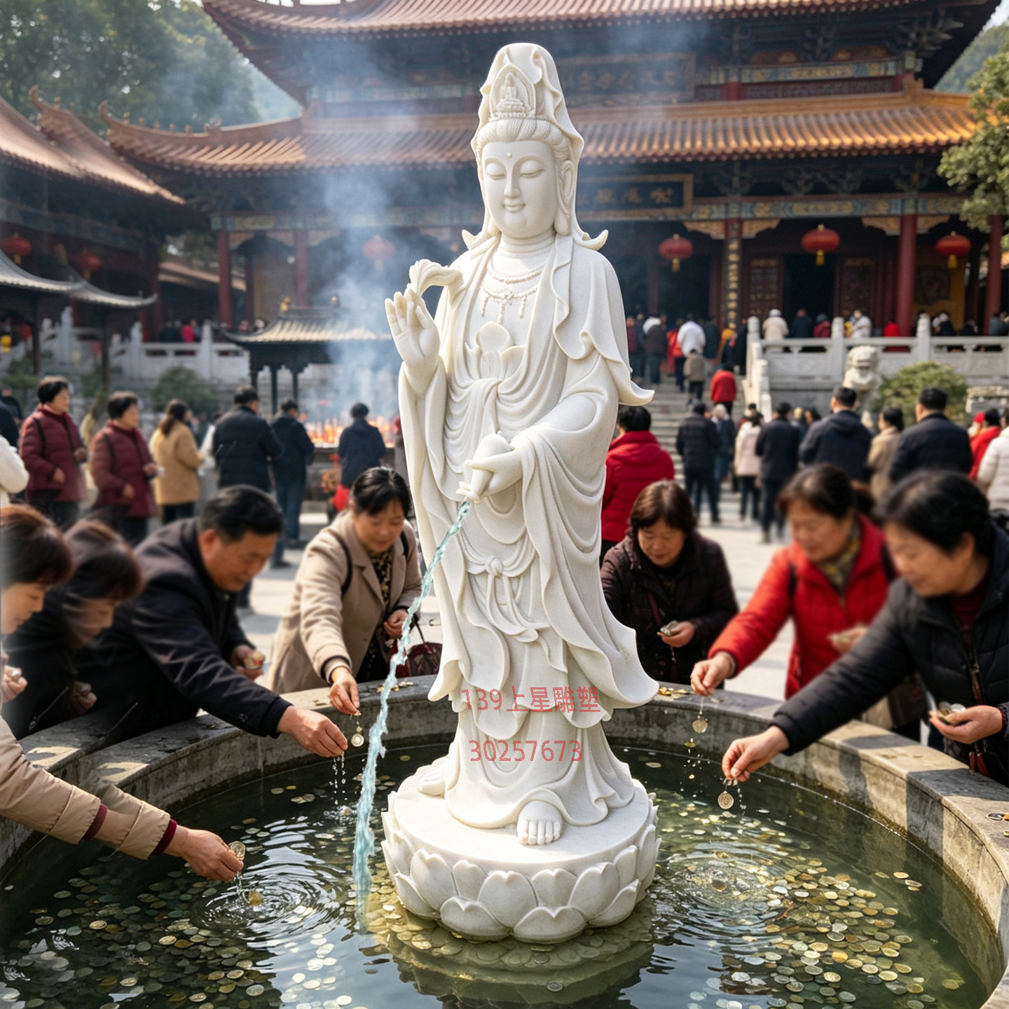 石雕汉白玉观音菩萨观世音佛像洒水流水喷水滴水池许愿池喷泉石像