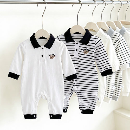 婴幼儿包屁衣2026秋装新款百搭条纹长袖衣服撞色连体衣POLO领哈衣