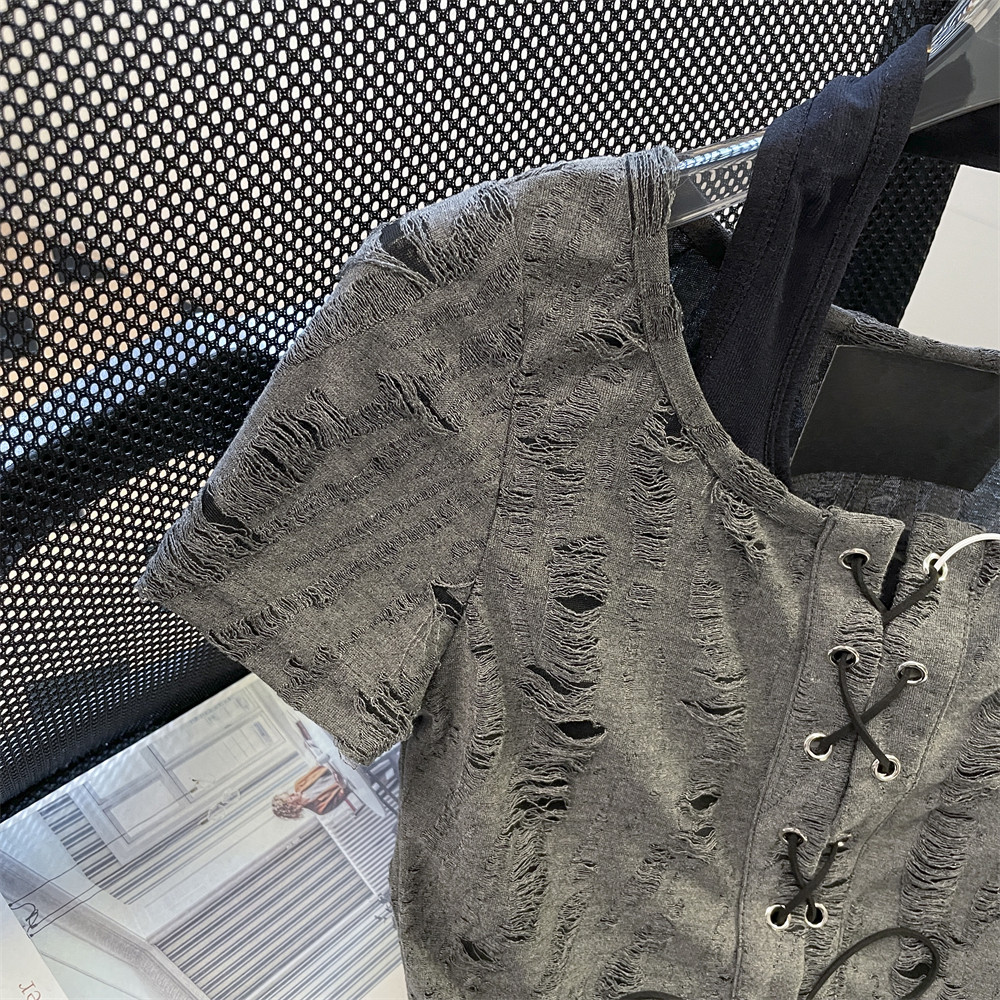 PURE DESIRE 투피스 홀터넥 넥 스트랩 찢어진 여성용 반팔 티셔츠 여름 AMERICAN HOT GIRL 슬림 오른쪽 어깨 짧은 탑