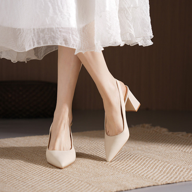 粗跟单鞋女2025新款法式浅口名媛高跟气质职业工作鞋尖头包头凉鞋