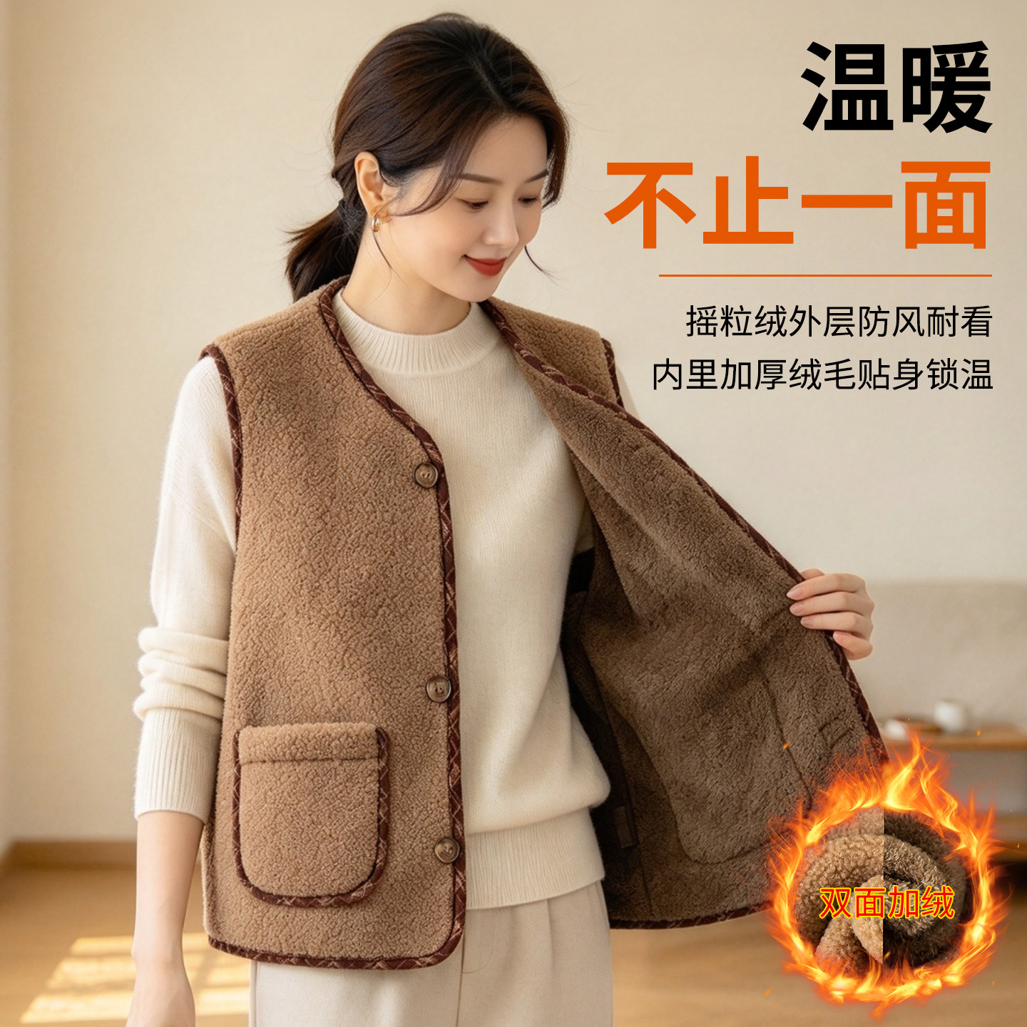 秋冬款加绒外套马甲背心妈妈坎肩中老年人加厚摇粒绒新款外穿保暖
