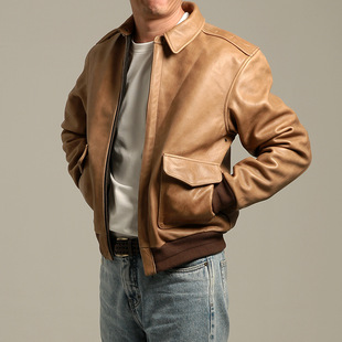 2025新款A2真皮飞行服夹克男装翻领加厚黄牛皮皮衣机车服镇店之宝