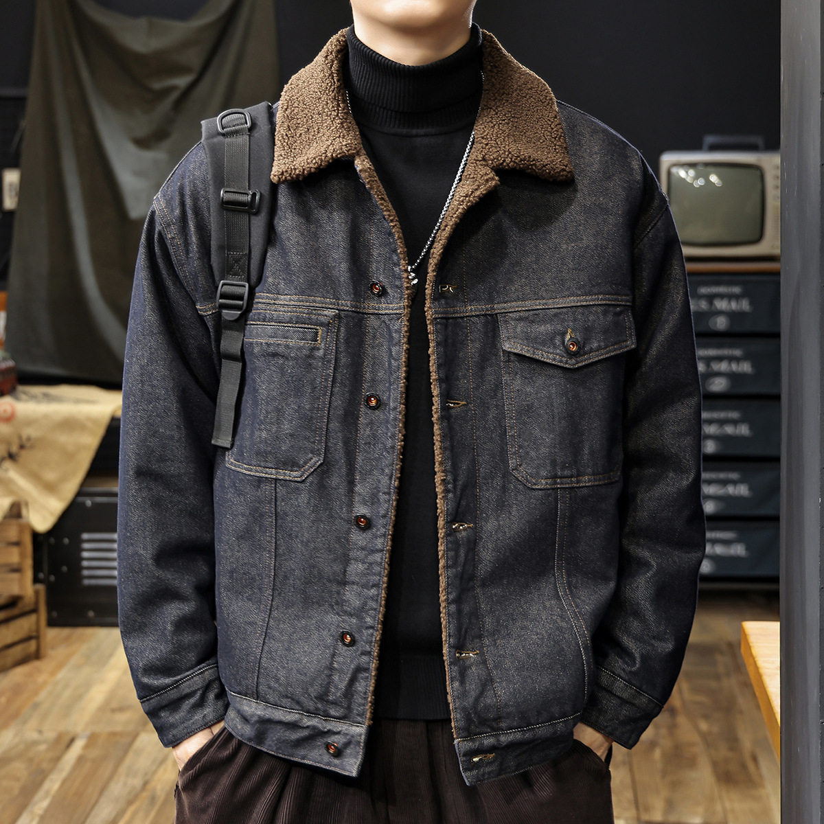 美式原浆丹宁羊羔绒牛仔外套男2025冬季新款加绒加厚保暖棉服夹克