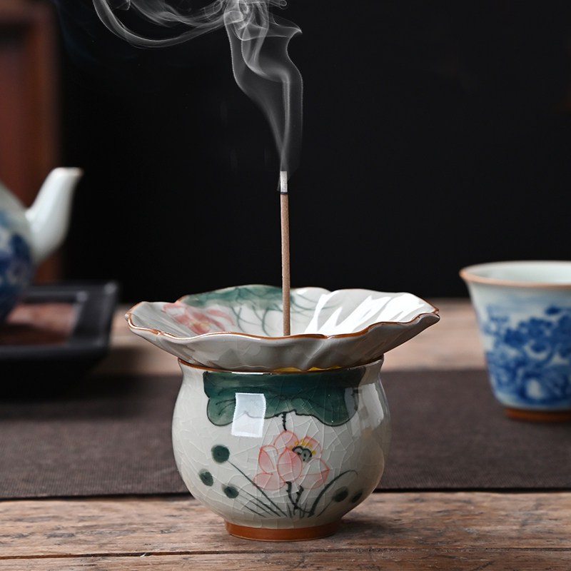 手绘荷花线香香插香炉室内香薰炉图片