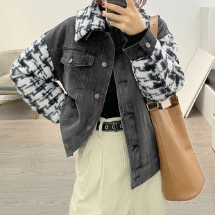 琼斯维格牛仔加绒拼接外套女秋冬2021年新款保暖宽松短款棉衣棉服