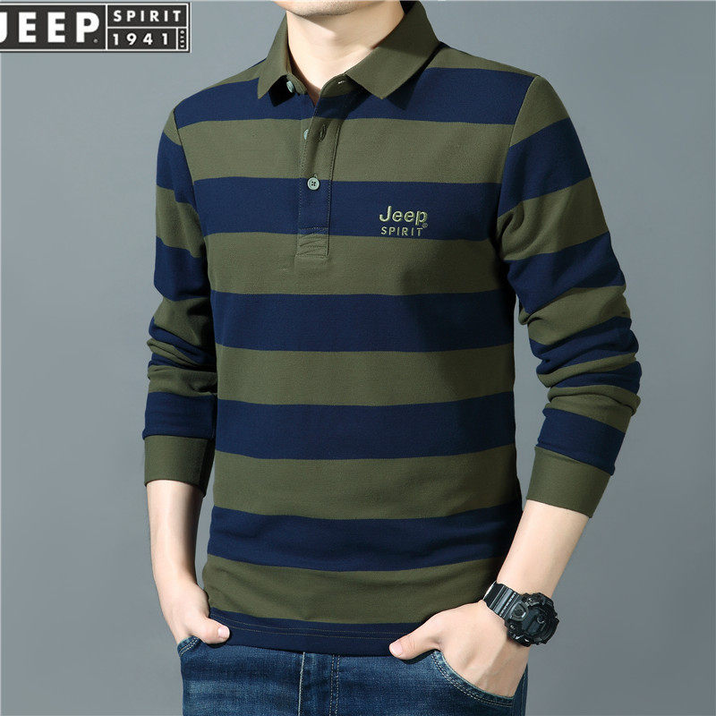JP男士长袖t恤纯棉翻领秋装条纹POLO衫商务休闲宽松打底衫PS5198