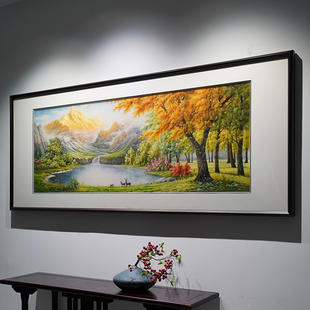 大幅手工苏绣金山翠谷鹿影图装饰画书房客厅沙发墙新中式刺绣挂画
